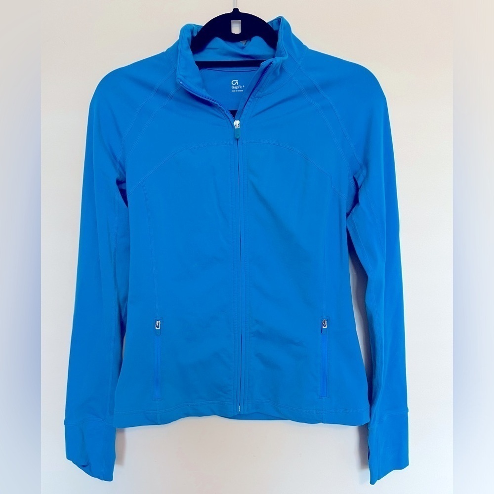 GapFit Womens Cyan Blue Full‎ Zip Mock Neck Athletic Track Jacket Thumbholes S